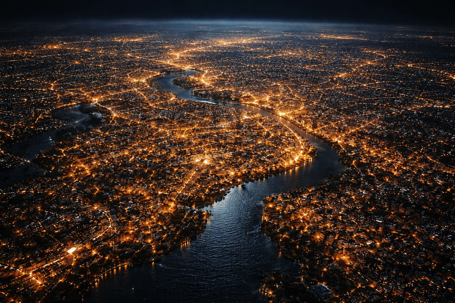 aerial night skyline of a lit city